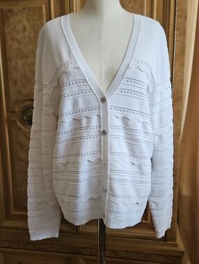 Karl Lagerfeld White Eyelet-Pattern V-Neck Cardigan NWT Size Large